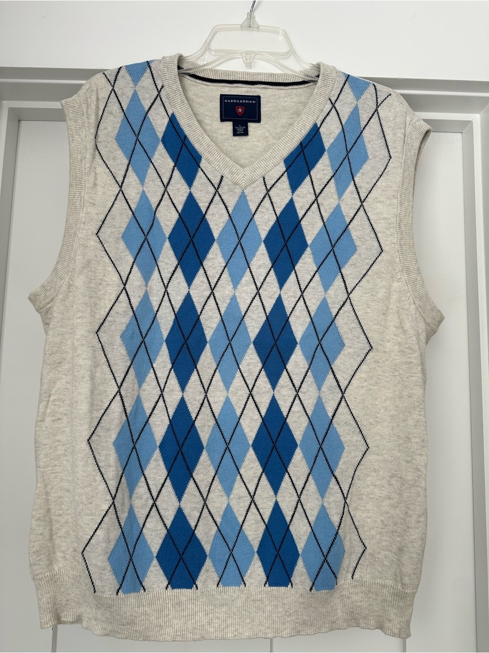 Saddlebred Light Gray V-Neck Argyle Sweater Vest with Blue Pattern